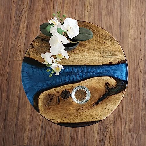 20" Resin Walnut Round Side Table | Epoxy End Table | Coffee Table | Mid Century Modern Resin Walnut | Living Room Furniture | Blue Color Ultimate Premium Products