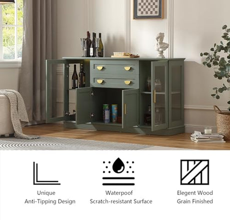 FOREST GRAVITY 58.27'' Buffet Cabinet with 2 Drawers and Adjustable Shelves,Large Glass Door Coffee Bar Cabinet,Modern Farmhouse Sideboard Credenza for Kitchen,Green FOREST GRAVITY