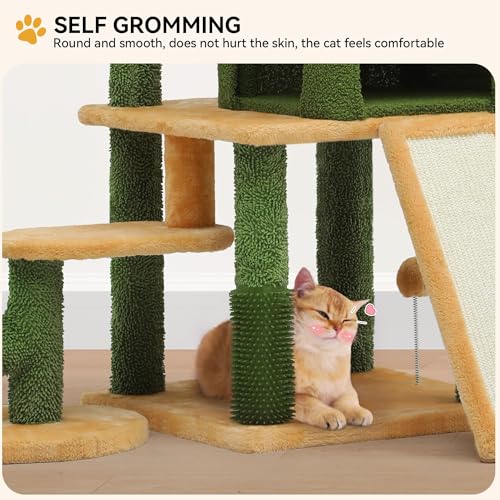 YITAHOME Tall Cactus Cat Tree Tower with Self-Grooming Brush, 60in Cute Cat Climbing Tower for Indoor Cats with Cat Condo, Top Perch, Basktet, Sisal Scratching Posts and Board, Dangling Ball YITAHOME