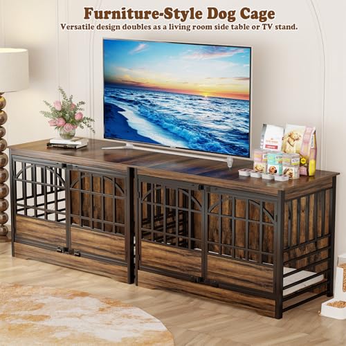 COZPAW 52 Inch Dog Crate Furniture, Extra Large Dog Kennel Indoor for XLarge Breed, Heavy Duty Dog Cage with Double Elegant Arched Doors, Decorate as TV Stand & End Table-Retro Brown COZPAW