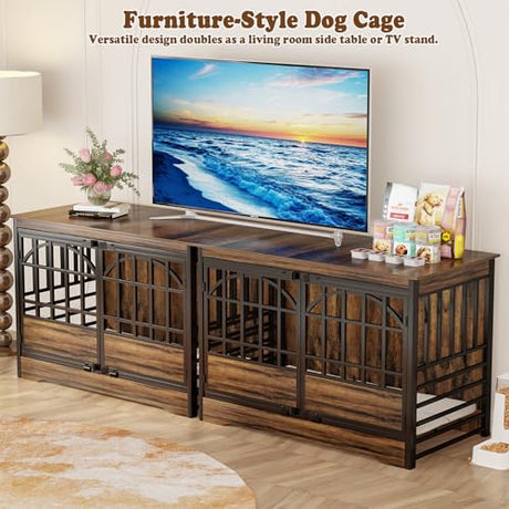 COZPAW 52 Inch Dog Crate Furniture, Extra Large Dog Kennel Indoor for XLarge Breed, Heavy Duty Dog Cage with Double Elegant Arched Doors, Decorate as TV Stand & End Table-Retro Brown COZPAW