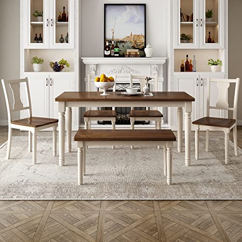 CKLMMC 6-Piece Dining Room Set, Classic Kitchen Furniture Set, Wooden Rectangular Table and 4 Chairs with Bench, 6-Person Configuration for Family Use (Brown+Cottage White@6) CKLMMC