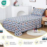 Viviland 3 Pieces Boys Grey Twin Sheet Set - Soft Microfiber Fitted Flat Sheets & Pillowcase - Retro Train Print Bedding Sets - for Kids & Toddlers Viviland