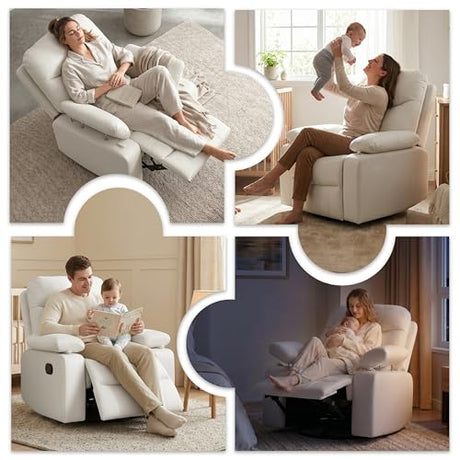 Nursery Glider Recliner with Adjustable Armrests, Oversized Comfortable Nursing Chair for Breastfeeding Moms, 360°Swivel, 90°-160° Recline, Quiet Rocking Chair Nursery for Living Room, White AILEEKISS
