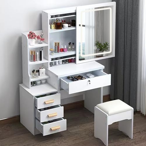 MONGMON Vanity Desk with Mirror and Lights, 3 Lighting Modes, European Style Dressing Table with Drawers, with Open Storage Shelves,Makeup Vanity Table for Bedroom,Gifts for Girls and Women, White MONGMON