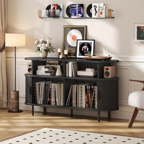 55" Large Round Record Player Stand with Charging Station, Vinyl Record Storage Cabinet, Mid Century Modern Turntable Stand with Open Shelves Holder for Bedroom Living Room, Sliding Doors (Black) ONBRILL