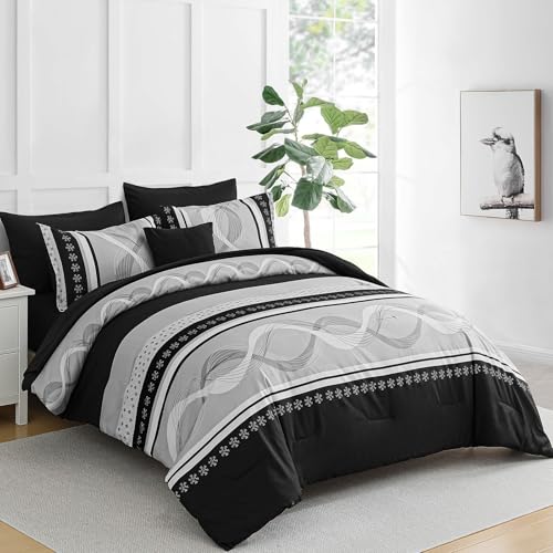 Anibedding Black Comforter Set Queen Size,8 Pieces Boho Bed in a Bag Patchwork Striped Comforter Set, Soft Microfiber Bedding Set for All Season(90"×90") Anibedding