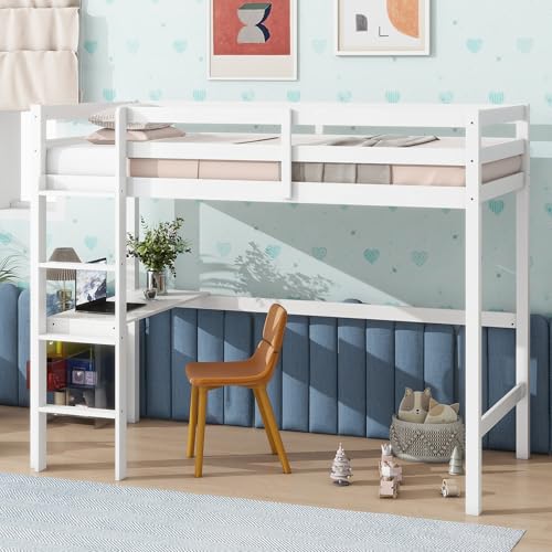 Twin Size High Loft Bed with Built-in Desk,Rubber Wood Loft Beds for Kids with Ladder & Safety Guardrail,Space-Saving Study and Sleep Combination,Wooden Frame for Bedrooms,Easy Assembly,White GDFStudio