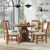 Merax Round Dining Table Set for 4, 5-Piece Extendable Kitchen Table Set with 4 Upholstered Chairs, Farmhouse Dining Table and Chairs Set for Kitchen, Dining Room, Living Room, Walnut Merax