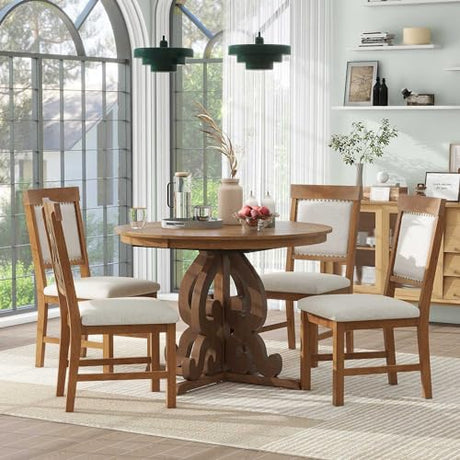 Merax Round Dining Table Set for 4, 5-Piece Extendable Kitchen Table Set with 4 Upholstered Chairs, Farmhouse Dining Table and Chairs Set for Kitchen, Dining Room, Living Room, Walnut Merax
