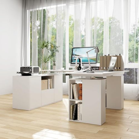 Homsee Electric Height Adjustable Standing Desk with Storage Cabinet, U-Shape Computer Desk with Drawer & Open Shelves for Home Office, Workstation Desk for Writing Study Executive, White Homsee
