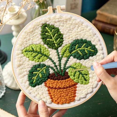 JOZYSH Green Plants of Various Shapes Punch Needle Kits for Beginner, DIY Punch Needle Kit Adults Beginner Include 3 Pre-Printed Fabrics, Embroidery Hoop, Threads, Craft Gifts and Decorations