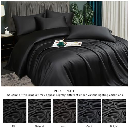YASMENG Cooling Duvet Cover Full Set Black, 100% Viscose Derived from Bambo, Summer Soft Breathable Rayon Bedding Set for Hot Sleepers, Luxury Luxurious Silky Smooth Comforter Cover for All Seasons YASMENG