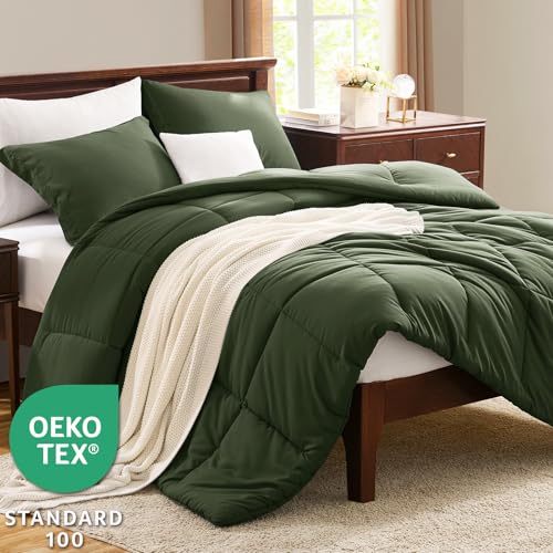 CozyLux Full Size Comforter Sets - Olive Green Comforter Full Size, 3 Pieces Box Stitched Bed Set for All Seasons, Soft Lightweight Bedding Sets with 1 Down Alternative Comforter and 2 Pillow Shams CozyLux