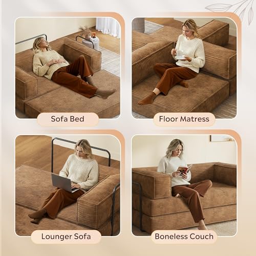 WLIVE 71'' Futon Sofa Bed, Convertible Sleeper Sofa, Folding Pull Out Couch Boneless Mattress with Fixed Frame, Corduroy, Brown WLIVE