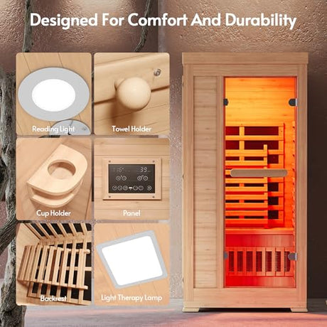 ENSTVER Infrared Wood Sauna 6.4Ft 1-2 Person, Luxury Full Spectrum Far Infrared Sauna Features Low EMF 1745w 7-Light Dynamic & Music Speakers, Canadian Hemlock Dry Indoor Saunas for Home & Gym ENSTVER