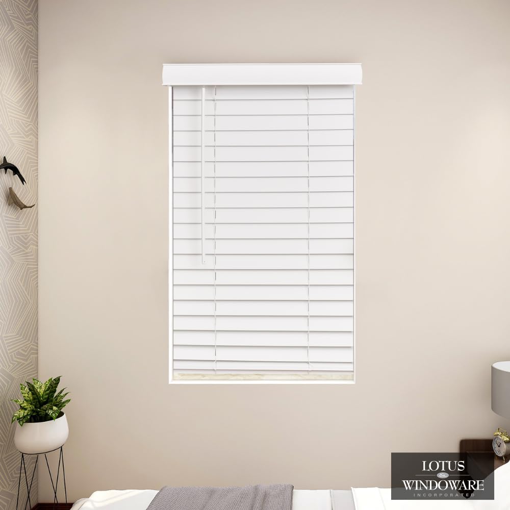 LOTUS & WINDOWARE Cordless Faux Wood Blinds, 25" Wide x 72" Long, Smooth, Snow White, 2 Inch Horizontal Blinds – for Living Room, Bedroom, Interior Door Windows LOTUS & WINDOWARE
