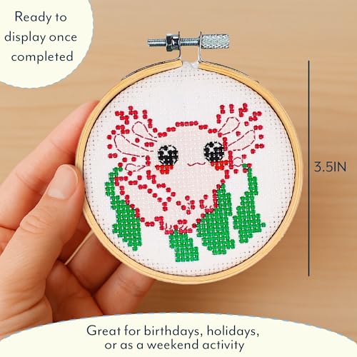 GAMAGO Axolotl Stamped Cross Stitch Kit for Beginners – Pre-Printed DIY Embroidery Craft Set with Hoop, Fabric, Floss, Needles & Instructions – Cute Animal Needlework Kit for Teens & Adults