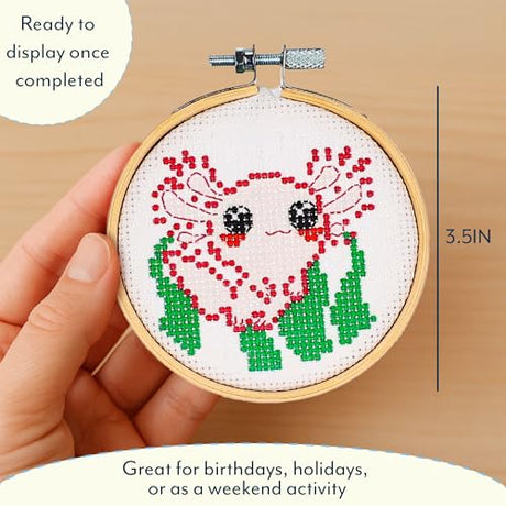 GAMAGO Axolotl Stamped Cross Stitch Kit for Beginners – Pre-Printed DIY Embroidery Craft Set with Hoop, Fabric, Floss, Needles & Instructions – Cute Animal Needlework Kit for Teens & Adults GAMAGO
