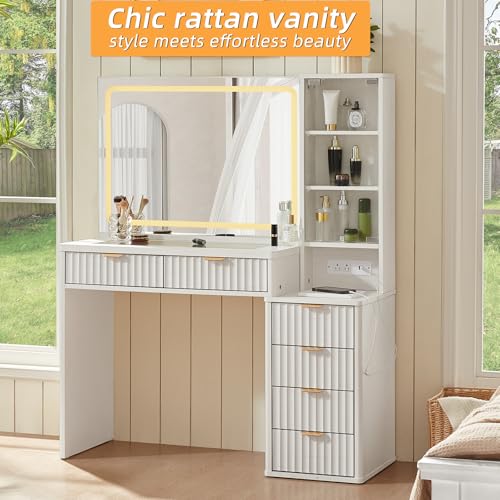 LEYAOYAO Vanity Desk with Mirror and Lights, 43.5'' Fluted Makeup Vanity with 6 Drawers and Adjustable Shelves, Wood TC Make Up Vanity Dressing Table with Glass Top and Power Outlet for Bedroom LEYAOYAO
