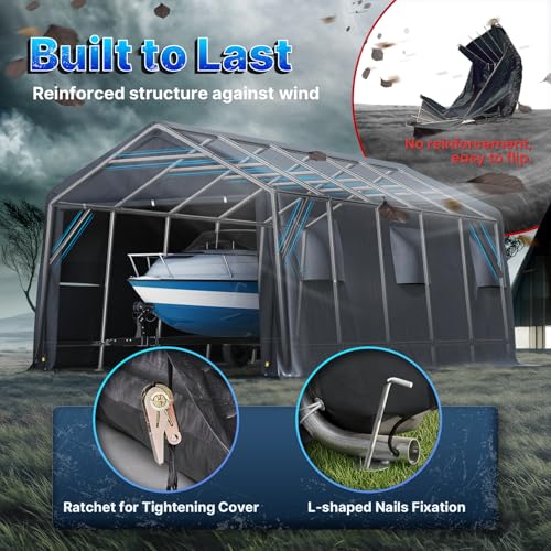 ADVANCE OUTDOOR 13x20 ft Carport 2 Roll up Doors & Vents Outdoor Portable Storage Shelter Garage Tent for Vehicle Boat Truck Anti-UV Snow Resistant Waterproof, Gray ADVANCE OUTDOOR