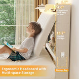 Twin Size Floating Bed Frame with Ergonomic Hidden Storage Headboard and LED Light,Visual Floating LED Bed Frame with Charing Station,Velvet Upholstered Platform Bed for Kid/Boy/Girl,Heavy Duty,White Jocoevol