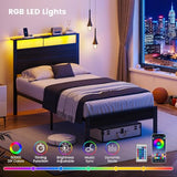 Kbun Twin Bed Frame with LED Lights & USB Charging Station, Black Metal Platform Bed with Storage Headboard, Under-Bed Space, Noise-Free & Sturdy, No Box Spring Needed, Easy Assembly Kbun