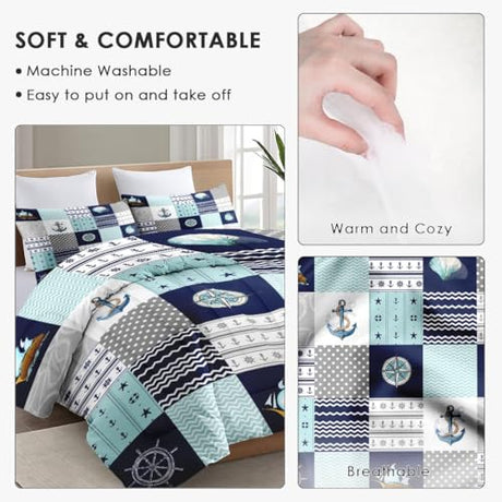 WeCozy Twin Size Comforter Set with Pillowcase, Nautical Blue Marine Summer 2 Pcs Bedding for Kids and Adults, Sea Ocean Boat Plaid Soft Comforter Set for Bedroom Bed Decor WeCozy