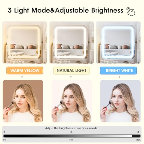 Fameill Vanity Desk with Mirror and Lights, White Makeup Table and Chair Set with 2 Storage Drawers&Cabinet&Shelves, Small Vanity Desk for Bedroom, 3 Lighting Mode Fameill