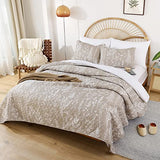 JANZAA Quilts Queen Size Oatmeal Bed Spread with White Floral Pattern Botanical Microfiber Quilts Set Lightweight Comforter 3 Pieces Reversible Bedding Set (1 Queen Quilt and 2 Pillow Cases) JANZAA