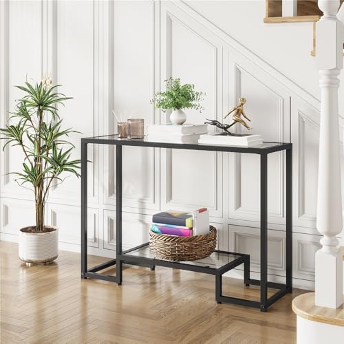 Yaheetech 42 Inch Console Table, Tempered Glass Entryway Table, 2-Tier Sofa Tables with Storage Shelves, Entrance Tables for Hallway Living Room, Black Yaheetech
