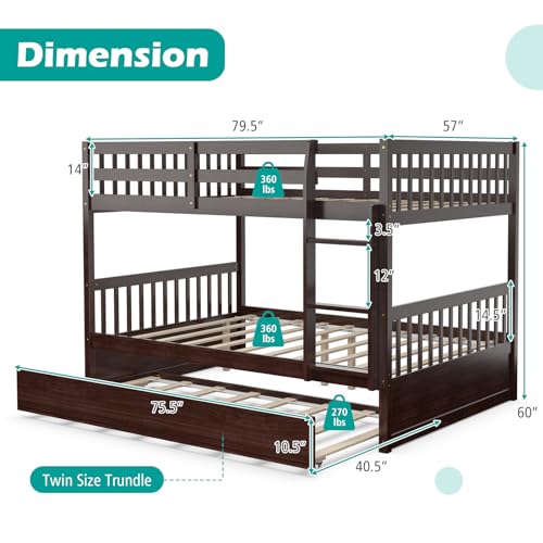 Giantex Espresso Full Over Full Bunk Bed with Trundle & Guardrails, Convertible Design for Kids and Adults Giantex