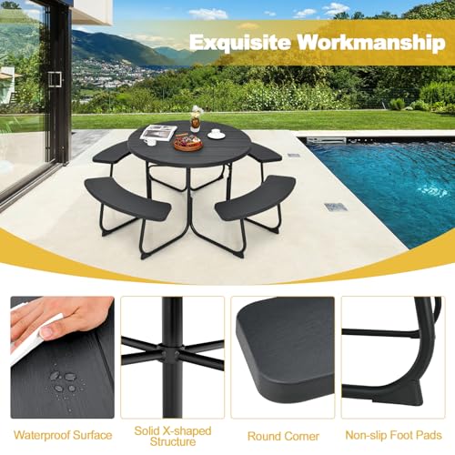 Tangkula 8 Person Picnic Table, Outdoor Round Picnic Table with 4 Built-in Benches, Umbrella Hole, Metal Frame & HDPE Tabletop, Outside Table and Bench Set for Backyard, 2300lbs Weight Capacity Tangkula