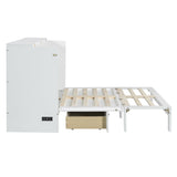Merax Full Size Murphy Bed Cabinet with Charging Station and Large Storage Drawer, Foldable Pull Out Murphy Chest Bed for Apartments, Bedrooms, Studio, No Spring Box Needed, White Merax
