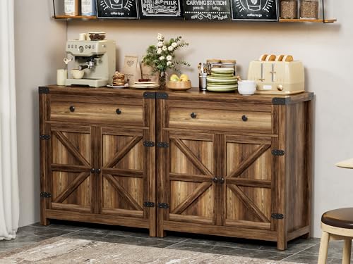 YESHOMY Coffee Bar Accent Cabinet, Farmhouse Barn Door Buffet Sideboard with Drawer and Adjustable Shelf, Wide Desktop for Kitchen, Dining Room, Bathroom, Entryway, Brown YESHOMY