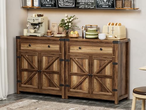 YESHOMY Coffee Bar Accent Cabinet, Farmhouse Barn Door Buffet Sideboard with Drawer and Adjustable Shelf, Wide Desktop for Kitchen, Dining Room, Bathroom, Entryway, Brown - WoodArtSupply