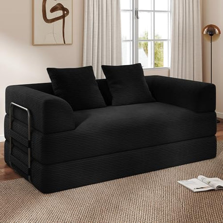 Cloud Boneless Convertible Sofa Bed, 4-in-1 Foldable Compressed High-Density Sponge Sofa, 70" Corduroy Fabric 3 Seater Sleeper Couch Futon Daybed for Living Room Bedroom (Black) Living&Giving