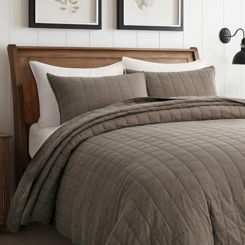 EVERGRACEHOME 100% Cotton Box Stitch Quilt Bedding Set King Size 3 Pieces, Garment-Washed Lightweight Soft Cozy Coverlet, Oversized Quilted Bedspread Sets with 2 Shams for All Season, Mocha Brown EVERGRACEHOME