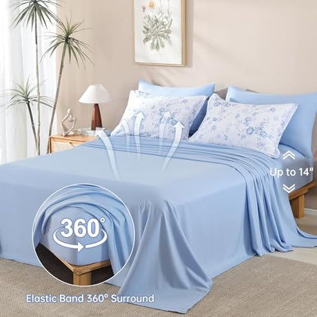 Luxudecor Floral Queen Comforter Set 7 Pieces Bed in a Bag, Blue Rose Romantic Flower Bed Set, Soft Reversible Comforter with Sheet Set 90"x90" Luxudecor