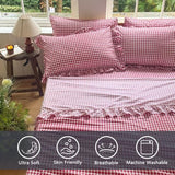 NSNLGSGC Red Gingham Ruffle King Sheet Set, Red Soft Pre-Washed Microfiber Plaid King Bed Sheets, 4-Pieces Farmhouse Sheet Set with Deep Pocket NSNLGSGC