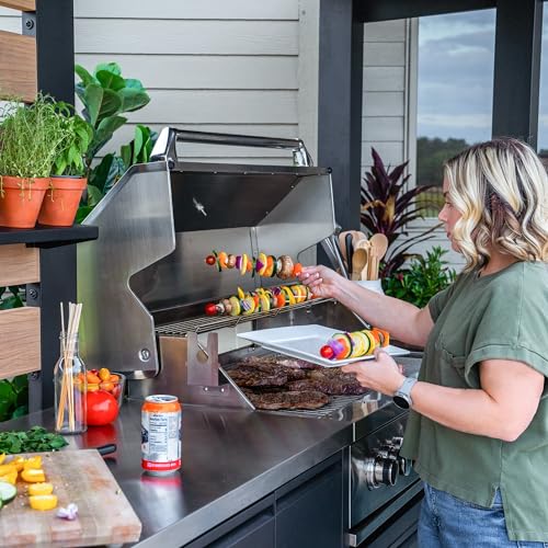 Backyard Discovery Fusion Flame Turn-Key Outdoor Kitchen with 38-inch Stainless Steel 5-burner Grill Island, Sear Zone, Infrared Burner, Outdoor-Rated Refrigerator, Storage, Steel Roof for Deck, Patio Backyard Discovery