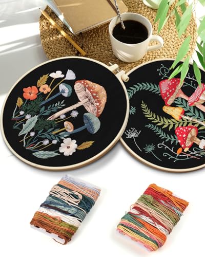 TINDTOP 2 Pack Embroidery Kit for Adult Beginners, Embroidery DIY Starter Kit, with Mushroom Stamped Patterns, Hoop, Tools, Colorful Threads with Needles, Instructions TINDTOP