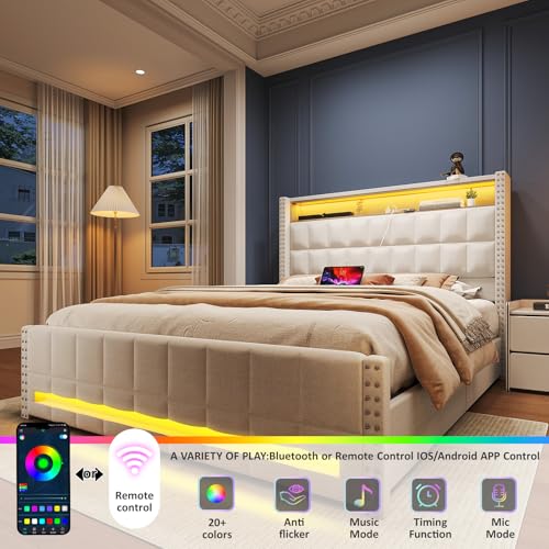 Maupvit Queen Size Bed Frame with 4 Storage Drawers,Upholstered Bed Frame with 2-Tier Storage Headboard,RGB LED Light,Charging Station,No Box Spring Needed,Easy Asse,Beige Maupvit