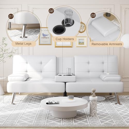 Shahoo Convertible Folding Futon Sofa Bed Sleeper Couch for Living Room Faux Leather Upholstered Loveseat w/Removable Armrests, Metal Legs, 2 Cup Holders, White Shahoo