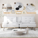 Shahoo Convertible Folding Futon Sofa Bed Sleeper Couch for Living Room Faux Leather Upholstered Loveseat w/Removable Armrests, Metal Legs, 2 Cup Holders, White Shahoo