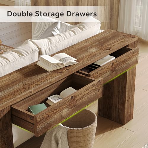 LITTLE TREE Sofa Table with 2 Drawers, 63 Inches Extra Long Console Table, Solid Wood Sofa Table Behind Couch, Large Entryway Hallway Foyer Tables for Living Room, Entrance, Rustic Brown LITTLE TREE
