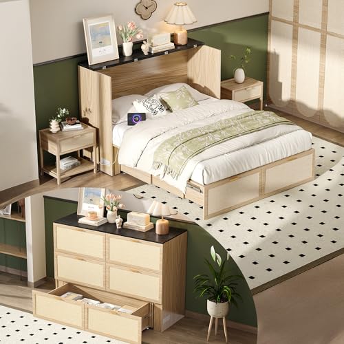 VINGLI Queen Size Rattan Murphy Bed with Storage Drawer, Space-Saving Cabinet Bed for Kids,Adults & Guests,Warm Off-White VINGLI