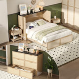VINGLI Queen Size Rattan Murphy Bed with Storage Drawer, Space-Saving Cabinet Bed for Kids,Adults & Guests,Warm Off-White VINGLI