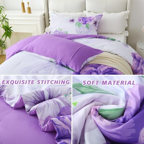 Heymybed Floral Comforter Set Queen Size, 3 Pieces Elegant Purple Floral Bed in a Bag, Soft Microfiber Botanical Flower Bedding Set with 2 Pillowcases for All Season 90"×90" Heymybed