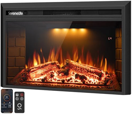 SereneLife Electric Fireplace Heater with LED Flame, Smart Wi-Fi, Remote, Thermostat, 13 Color Modes, Recessed or Wall Mounted Fire Place, Quiet Operation, Overheat Protection, Black Frame SereneLife